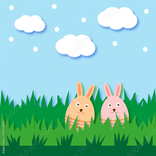 A card with paper cutout clouds, a bunny, eggs, and spring grass against a blue sky, a paper craft. Space for text. "Happy Easter" sale concept, coupon template, bunny ears.
