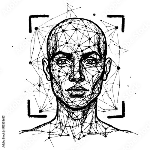 Facial recognition scan mapping human features for biometric security and artificial intelligence in black and white sketch illustration