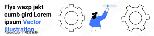 Person interacting with large gear icons, simplified design. Ideal for innovation, engineering, teamwork, creativity, automation, industry, simple landing page