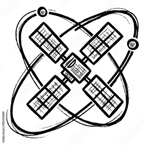 Satellite Orbiting in Space Hand-Drawn Sketch Icon for Global Communication and Technology