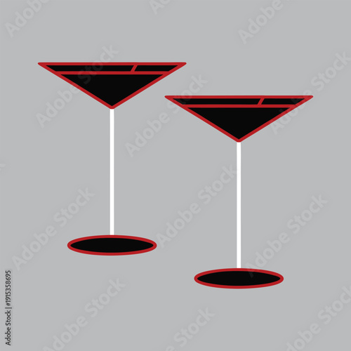 Two Black Martini Glasses with Red Trim on Gray Background