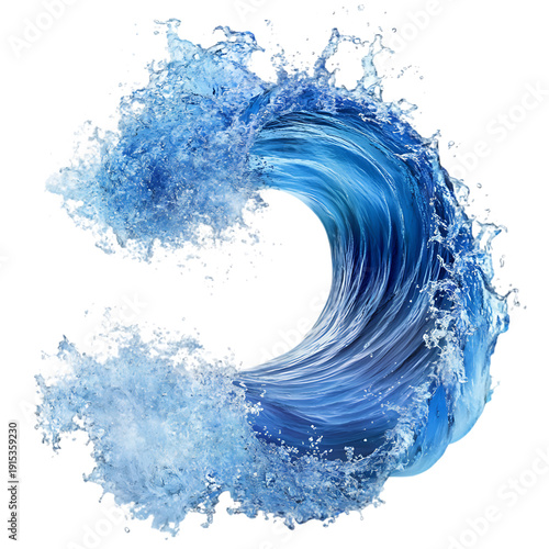 Dynamic blue water wave with splashes and foam