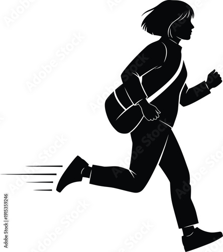 A silhouette of a person running with a bag slung over their shoulder in a dynamic pose