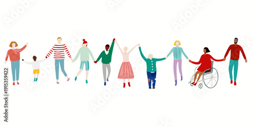 Diverse group of people holding hands in a line showing unity
