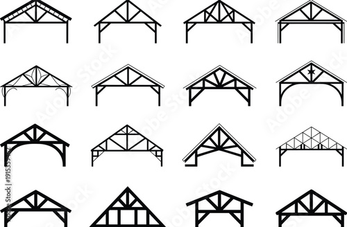 Architectural roof truss silhouettes set showing wooden frame structures for construction, barn, pavilion and house design, engineering concepts, structural blueprint vector illustration