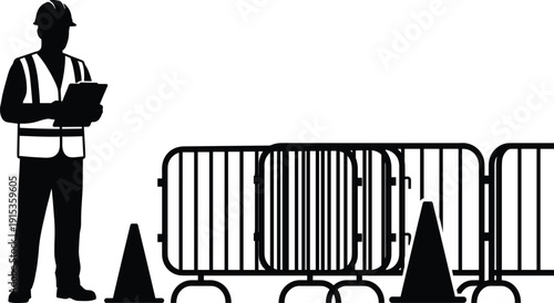 Construction safety inspector silhouette holding clipboard near site barriers and traffic cones isolated on white background work zone control risk management concept illustration