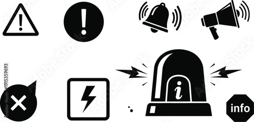 Warning, alert, and safety icons set, vectors. 