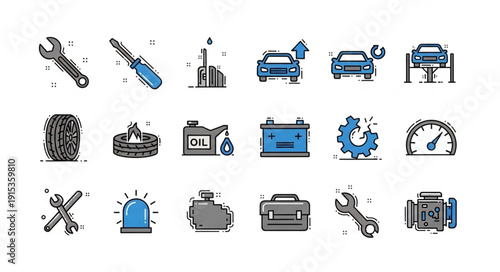 Car Repair Tools and Parts Icons.