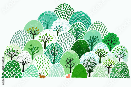 Stylized illustration of a forest with deer in a dotted pattern