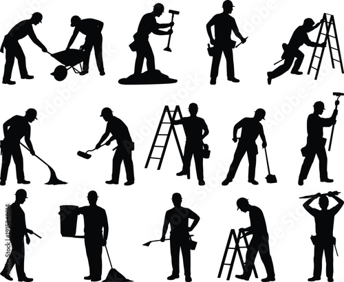 Construction worker silhouettes set showing builders performing manual labor with tools, ladders and equipment, industrial work activities, maintenance, repair vector illustration