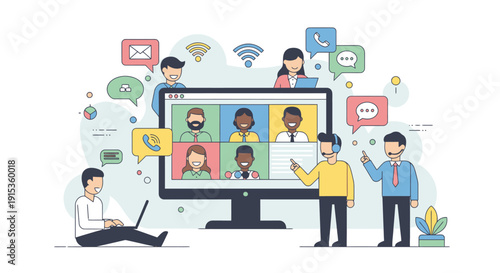 Team Online Meeting with Remote Participants on Large Monitor