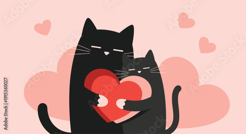 Black cat with heart hug holding red heart in front of pink clouds
