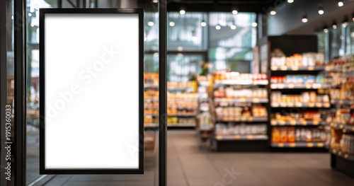 The blank poster at supermarket entrance showcasing empty advertising space and blurred aisles