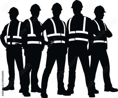 Construction worker team silhouette wearing safety helmets and reflective vests isolated on white background for industrial workforce teamwork safety concept illustration