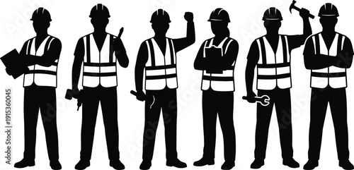 Construction worker silhouettes set wearing safety helmets and reflective vests holding tools isolated on white background industrial labor teamwork concept vector illustration collection