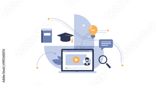 Online Learning Concept with Laptop, Graduation Cap, Book, Light Bulb and Chat Icons