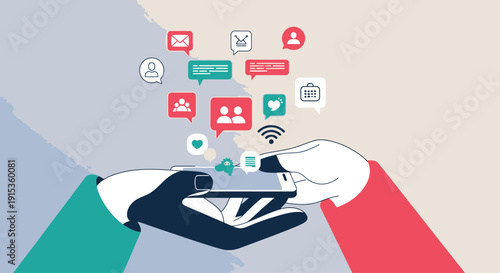 Hands Holding Smartphone with Social Messages and Notifications