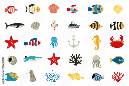 Colorful assortment of marine life and nautical themed icons displayed neatly