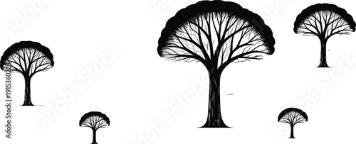Stylized umbrella canopy tree silhouettes, black nature illustration set, symmetrical forest artwork, botanical graphic design, landscape inspiration collection