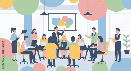 Team Meeting in Modern Office with Presentation Screen and Laptops