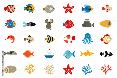 Colorful collection of stylized marine life and underwater elements