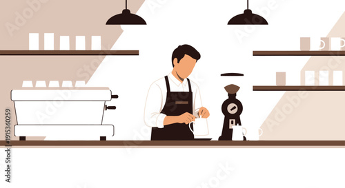 Barista preparing coffee behind counter with espresso machine