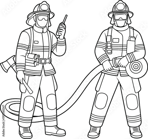 Firefighters wearing protective gear holding hose and radio line art illustration emergency response teamwork safety service concept uniformed rescue professionals isolated white background