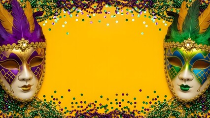 Vibrant mardi gras masks and confetti border design
