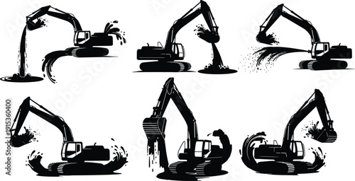 Collection of heavy excavator silhouettes working in water and mud for construction site dredging land reclamation projects and earthmoving equipment industrial machinery
