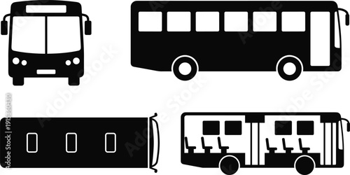 City Bus Silhouette Set with Front Side Top and Interior Views Vector Illustration Isolated on Light Background