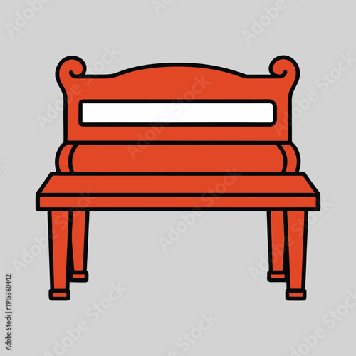 Red and Black Flat Design Illustration of a Vintage Park Bench with Curved Back and Legs