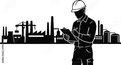 Industrial engineer silhouette inspecting factory operations with clipboard against manufacturing plant skyline isolated on white background quality control safety management concept illustration