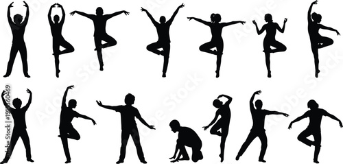 Collection of professional dancer silhouettes performing various graceful ballet and contemporary dance poses with expressive movements for artistic performance and theatrical design