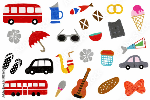 Colorful collection of playful illustrations depicting various everyday objects