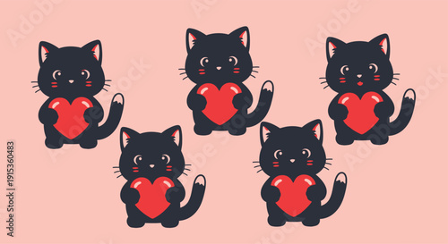 Black cats holding red heart on pink background