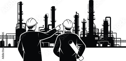 Industrial engineers inspecting refinery plant infrastructure silhouette illustration with safety helmets petrochemical factory piping towers construction engineering concept industry operations