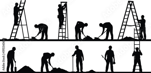 Construction worker silhouettes set, builders climbing ladders, laborers digging soil with shovels, engineering crew working on site, industrial development vector icons.