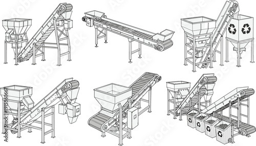 Industrial conveyor belt systems with hoppers and sorting bins for recycling plant machinery processing waste management and automated manufacturing line equipment