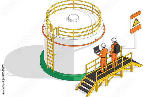Industrial engineers inspecting storage tank facility with safety equipment and laptop isometric illustration isolated on white background oil gas industry maintenance concept