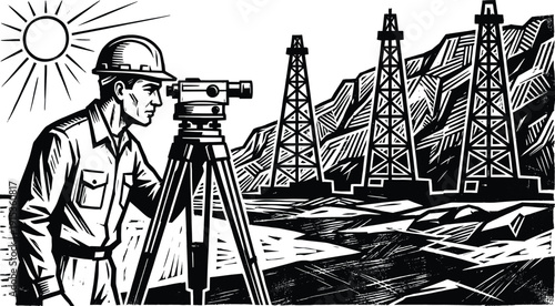 Land surveyor using theodolite near oil drilling rigs in desert landscape isolated on white background energy exploration measurement engineering concept illustration vector artwork