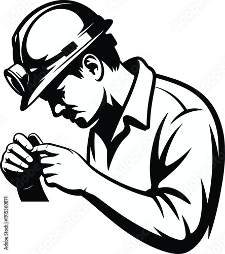 Miner inspecting gemstone closely wearing headlamp silhouette illustration underground mining craftsmanship precision focus industry concept safety worker geology exploration labor professional detail