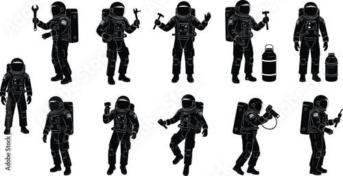 Set of astronaut silhouettes in various poses and actions including repairing with tools and holding equipment for space exploration mission concepts.