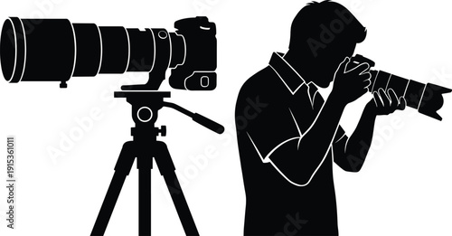 Professional photographer silhouette using DSLR camera with telephoto lens and tripod isolated on white background photography equipment studio shooting concept illustration