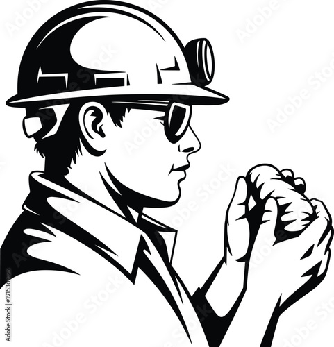 Professional miner silhouette vector illustration wearing safety helmet and headlamp inspecting ore sample concept for mining industry exploration branding design marketing use
