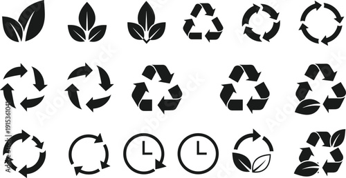 Set of ecological black icons featuring recycling symbols green leaves and circular arrows for sustainable environment conservation and waste management projects