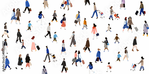 A large crowd of people walking and shopping depicted in a minimalist style