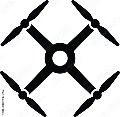Quadcopter drone silhouette icon with four propellers isolated on white background aerial technology unmanned aircraft navigation surveillance concept illustration