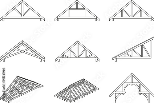 Roof truss construction diagrams set showing wooden framing structures line art technical illustration isolated on white background architectural engineering building design concept