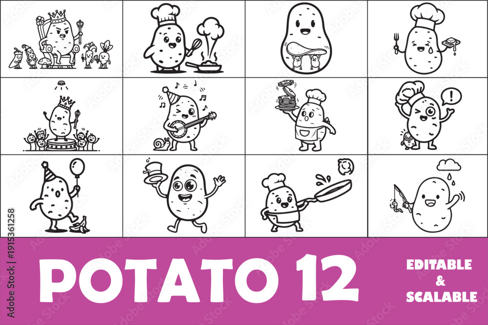 Obraz premium Cute Cartoon Potato Character Funny Scene, Happy Vegetable Mascot Line Vector Illustration