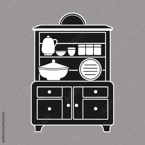 Black and White Silhouette of a Vintage Kitchen Hutch with Shelves and Drawers cabinet